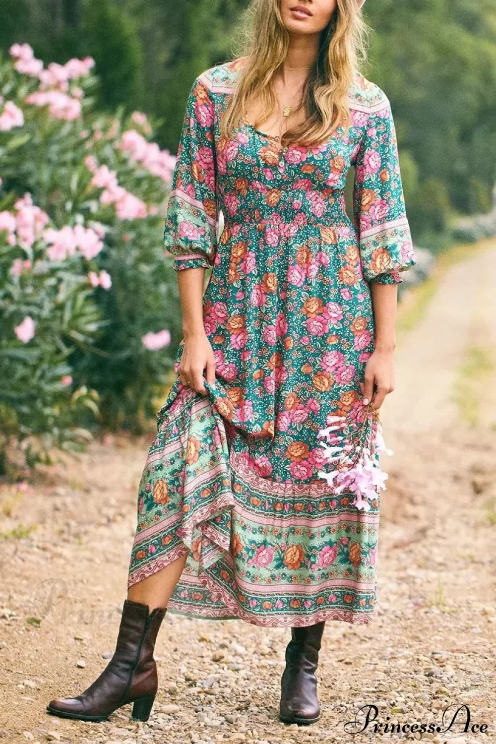 Floral Print Cross V-neck Button Summer Boho Dress Green / S bohodress-250126