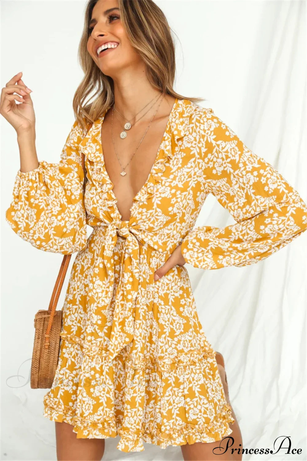 Floral Print Deep V-neck Ruffles Long Sleeve Mini Boho Dress Yellow / S bohodress-250126
