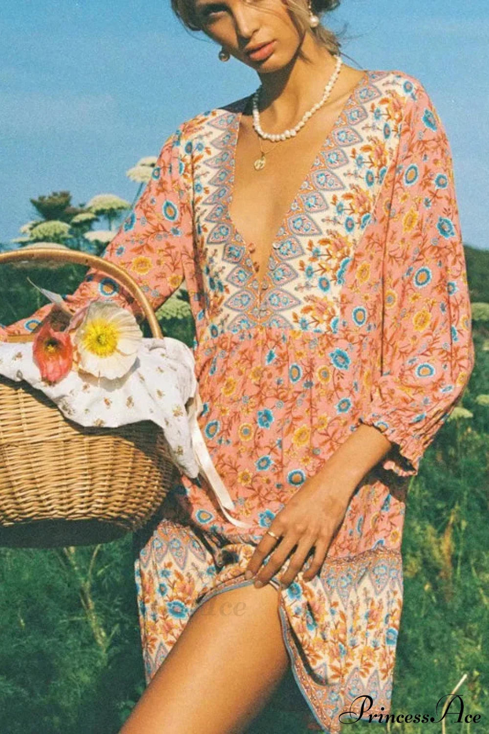 Floral Print Deep V-neck Three Quarter Sleeve Vacation Mini Boho Dress red / S bohodress-250126