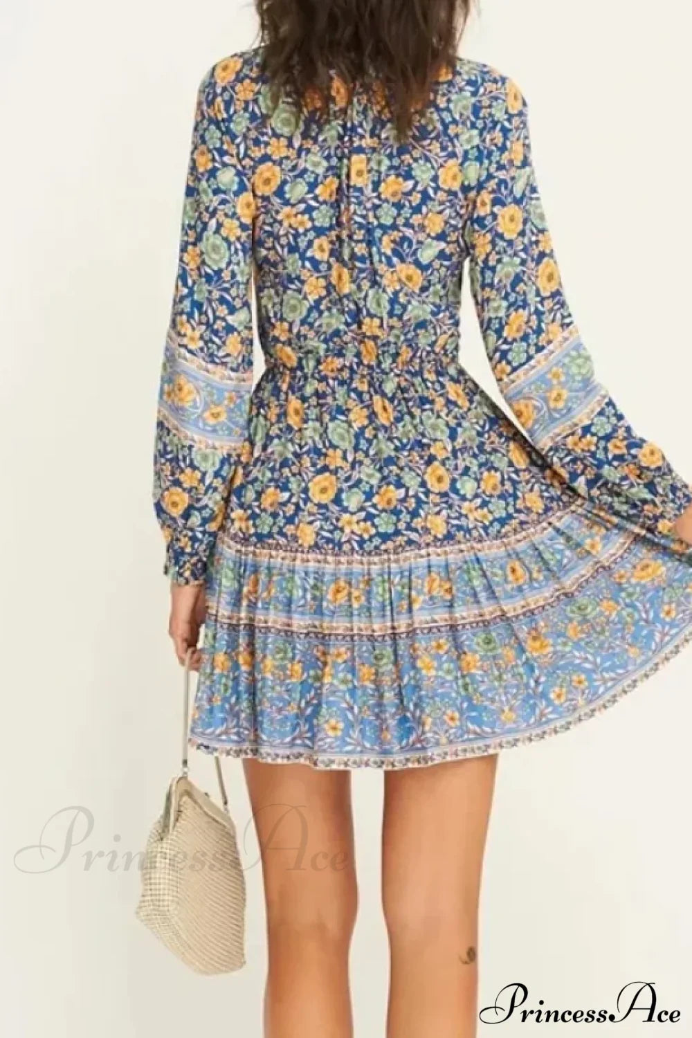 Floral Print Ethnic Long Sleeve V-neck Button Belt Ruffles Mini Boho Dress