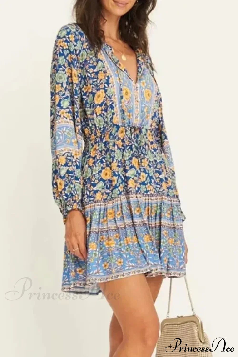 Floral Print Ethnic Long Sleeve V-neck Button Belt Ruffles Mini Boho Dress