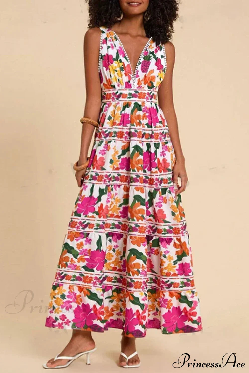 Floral Print High Waist Bohemian Beach Dress