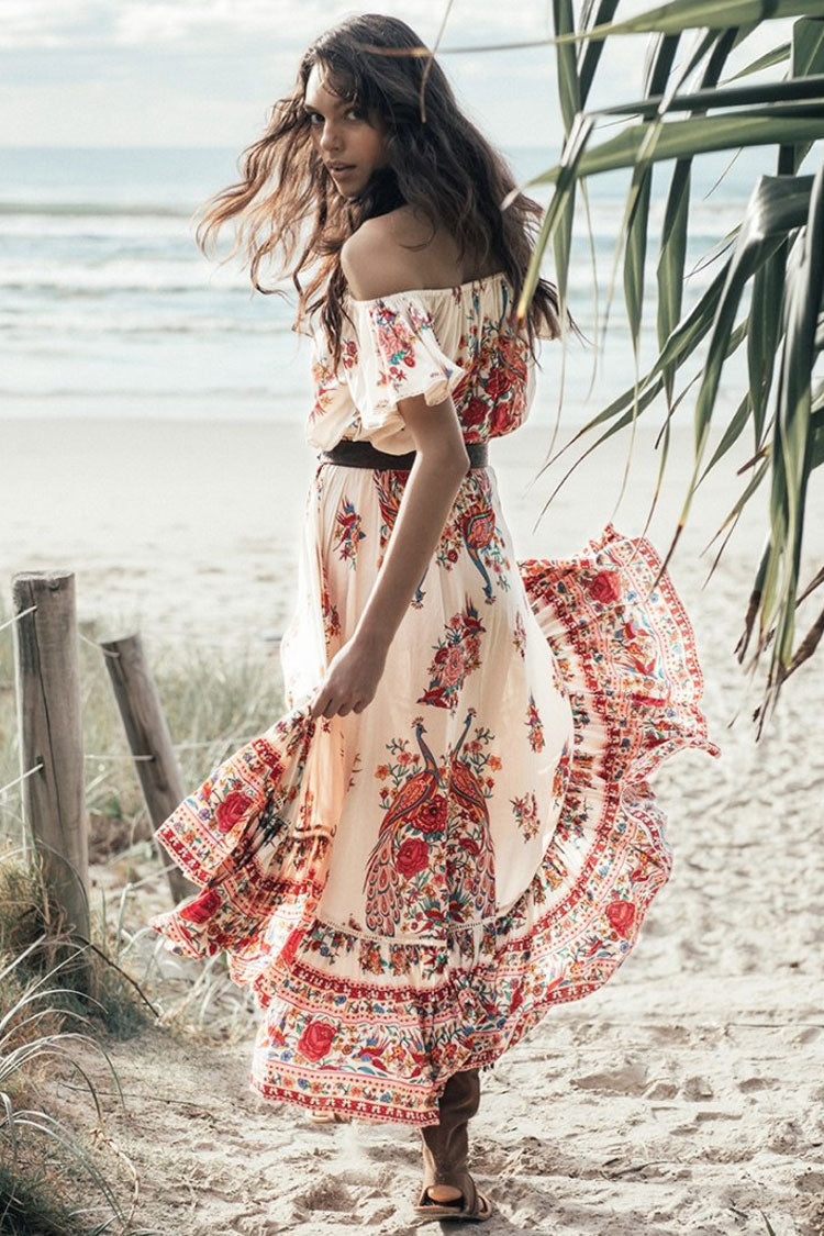 Floral Off Shoulder Ruffle High-Low Boho Maxi Dress 2
