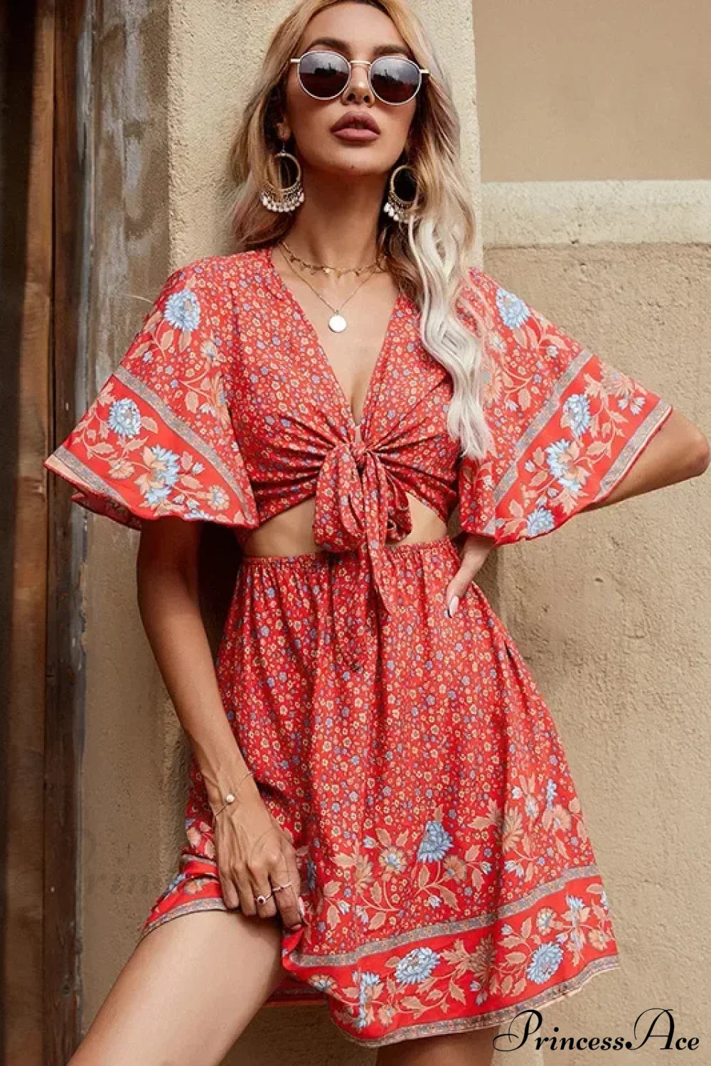 Floral Print Rayon Cotton Deep V-neck Hollow Out Mini Boho Dress Red / M bohodress-250126