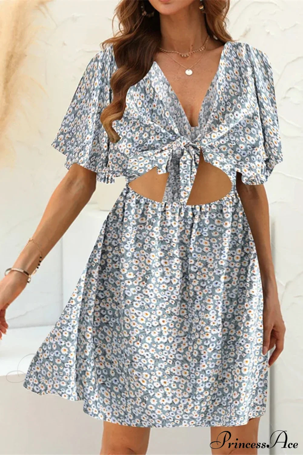 Floral Print Rayon Deep Bow Neck Short Sleeve Sexy Hollow Out Mini Boho Dress light Blue / M bohodress-250126