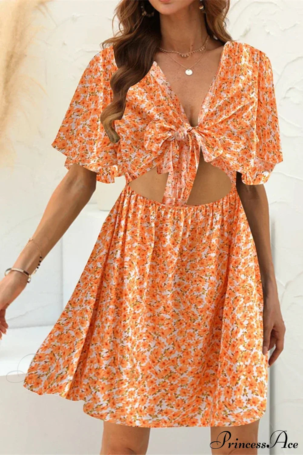 Floral Print Rayon Deep Bow Neck Short Sleeve Sexy Hollow Out Mini Boho Dress Orange / M bohodress-250126