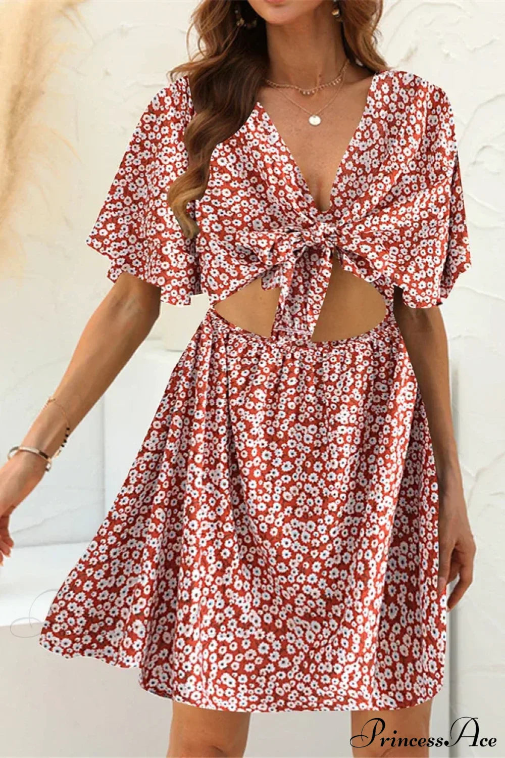 Floral Print Rayon Deep Bow Neck Short Sleeve Sexy Hollow Out Mini Boho Dress Red / M bohodress-250126