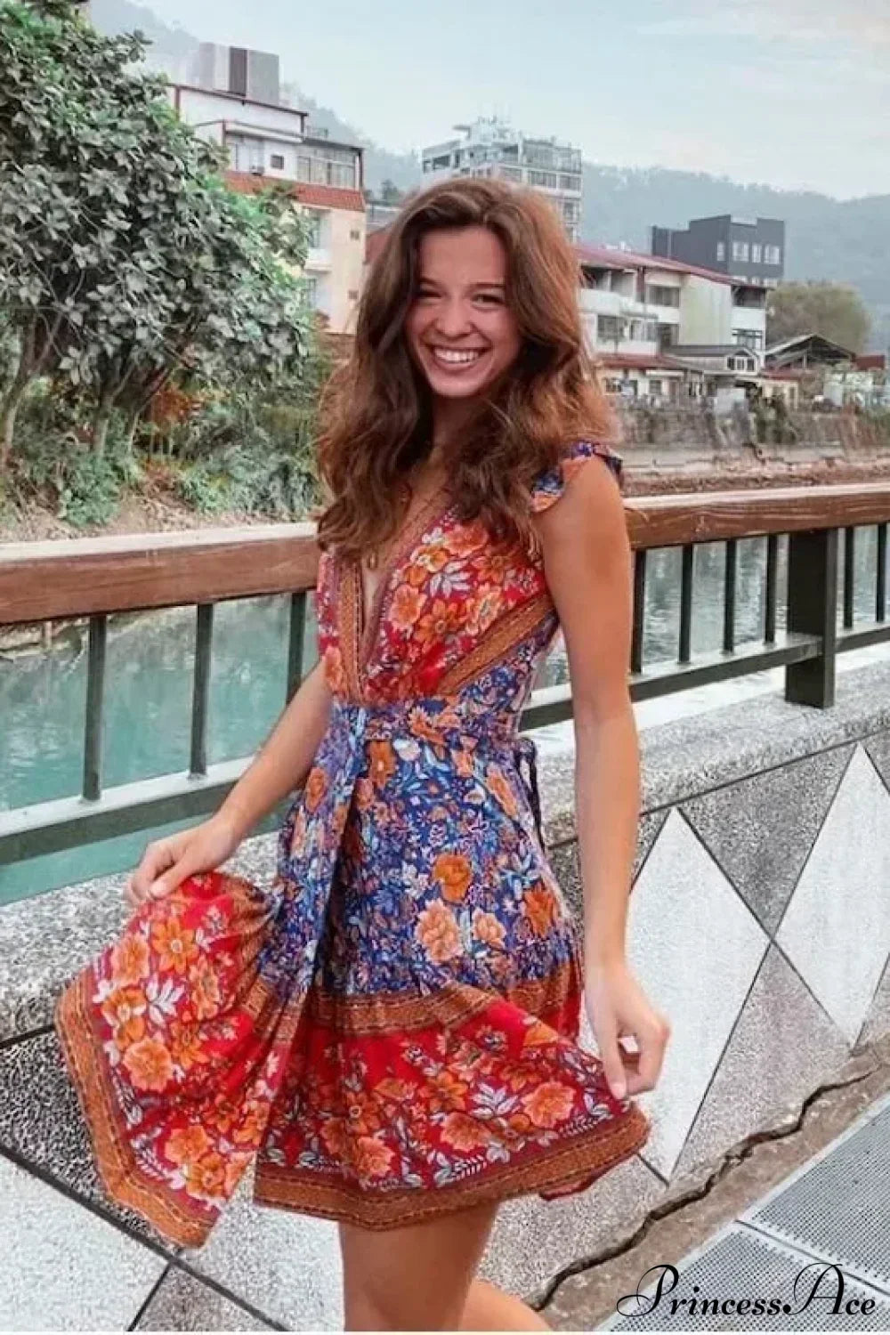 Floral Print Rayon Wrap Short Sleeve Sexy Vacation Mini Boho Dress Navy / S bohodress-250126