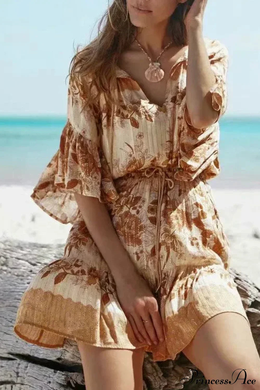 Floral Print Sashes Elastic Waist Flare Sleeve Mini Boho Dress Yellow / S bohodress-250126