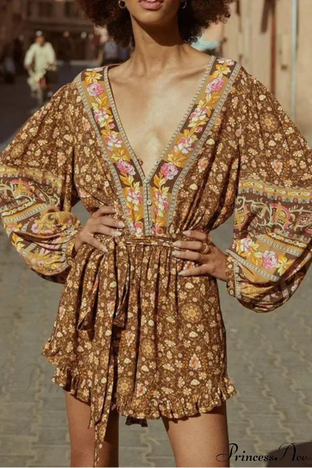 Floral Print Sashes V-neck Long Sleeve Tassel Rayon Boho Romper as picture / S bohodress-250126