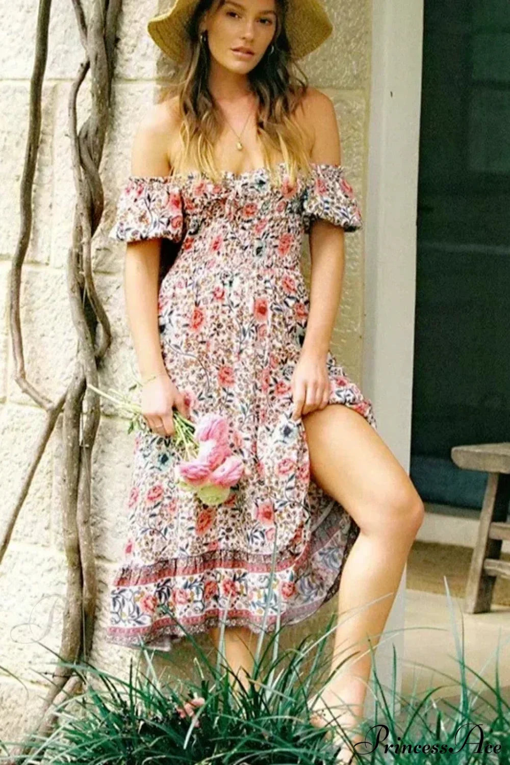 Floral Print Short Sleeve Sexy Off Shoulder Midi Boho Dress color1 / S bohodress-250126