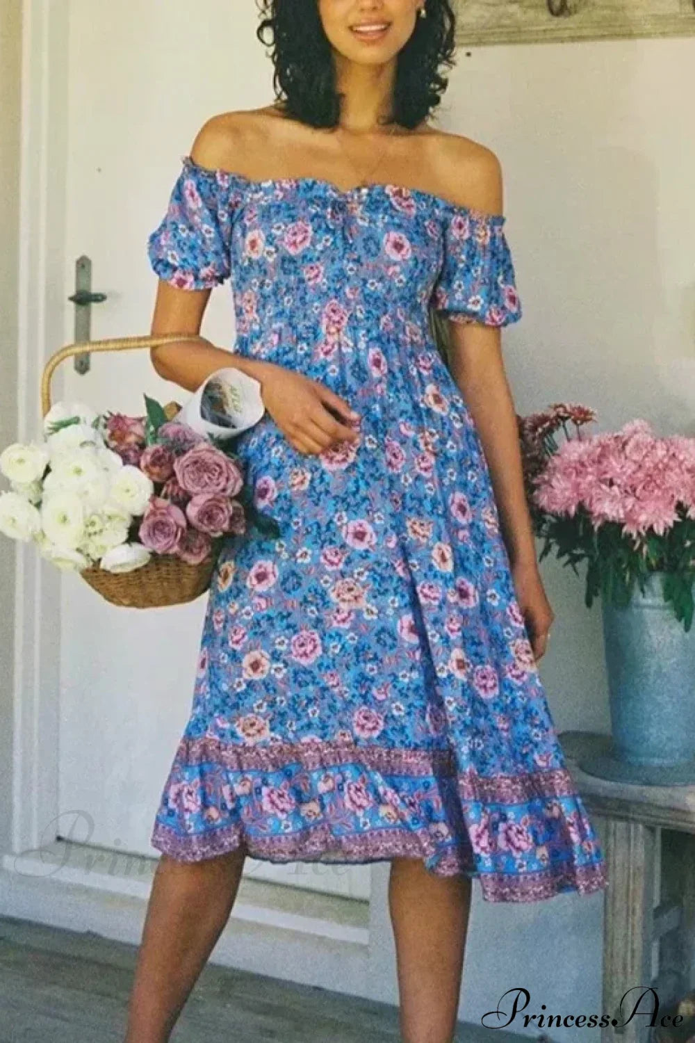 Floral Print Short Sleeve Sexy Off Shoulder Vacation Midi Boho Dress Purple / XS bohodress-250126