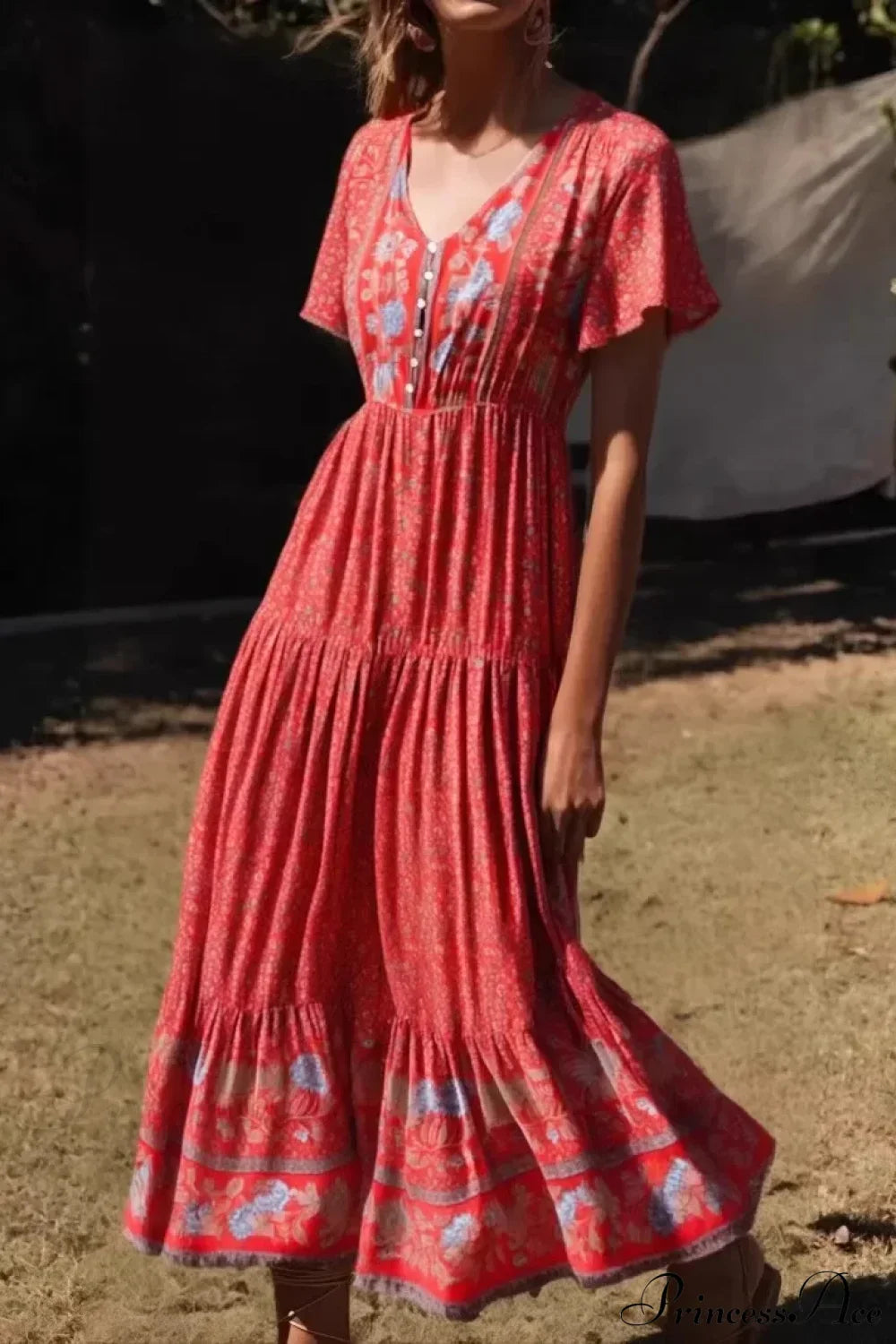 Floral Print Single Breasted V-neck Short Sleeve Summer Maxi Boho Dress Red / S bohodress-250126