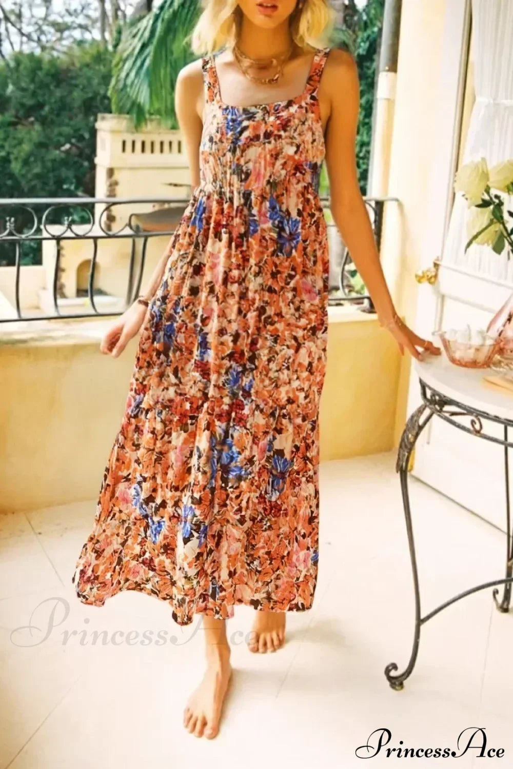 Floral Print Sleeveless Backless Rayon Vacation Maxi Boho Dress Brown / S bohodress-250126