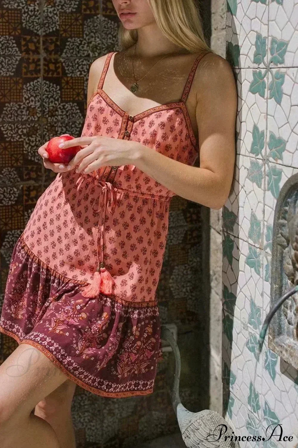 Floral Print Sleeveless Elastic Waist Strapless Rayon Boho Dress Pink / S bohodress-250126