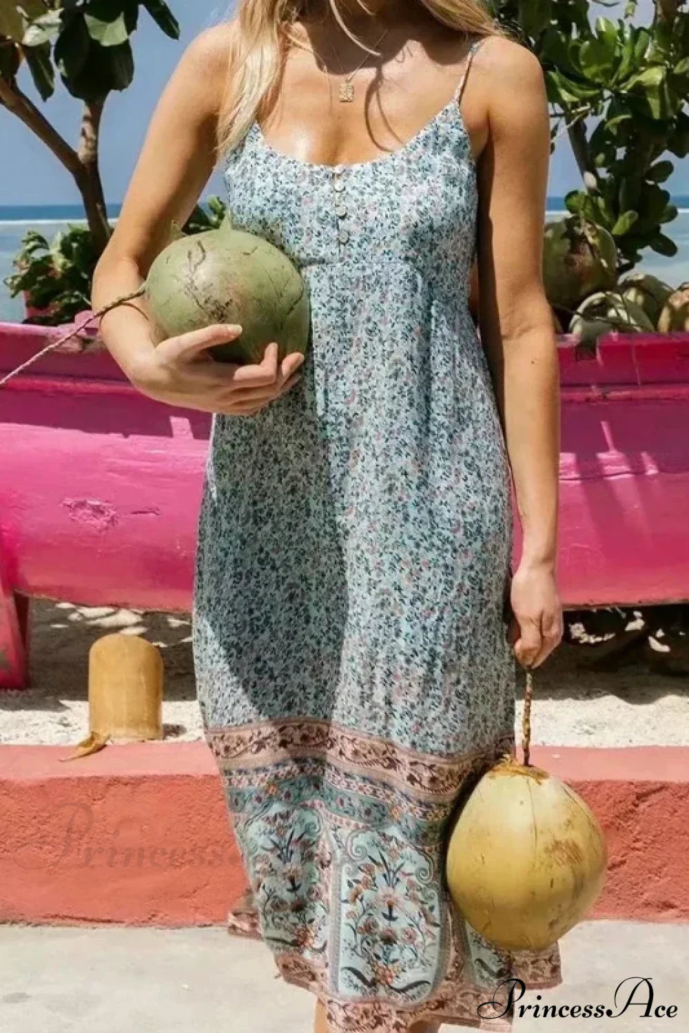 Floral Print Sleeveless Strap Rayon Cotton Midi Boho Dress light blue / S bohodress-250126