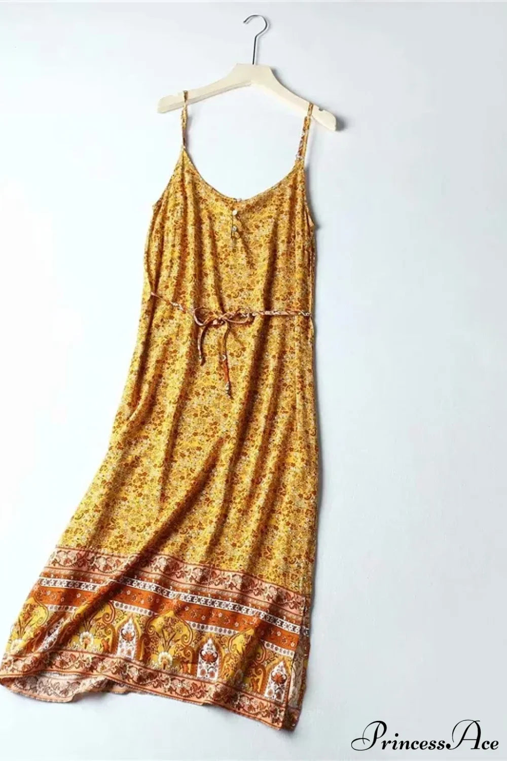 Floral Print Sleeveless Strap Rayon Cotton Midi Boho Dress Yellow / S bohodress-250126