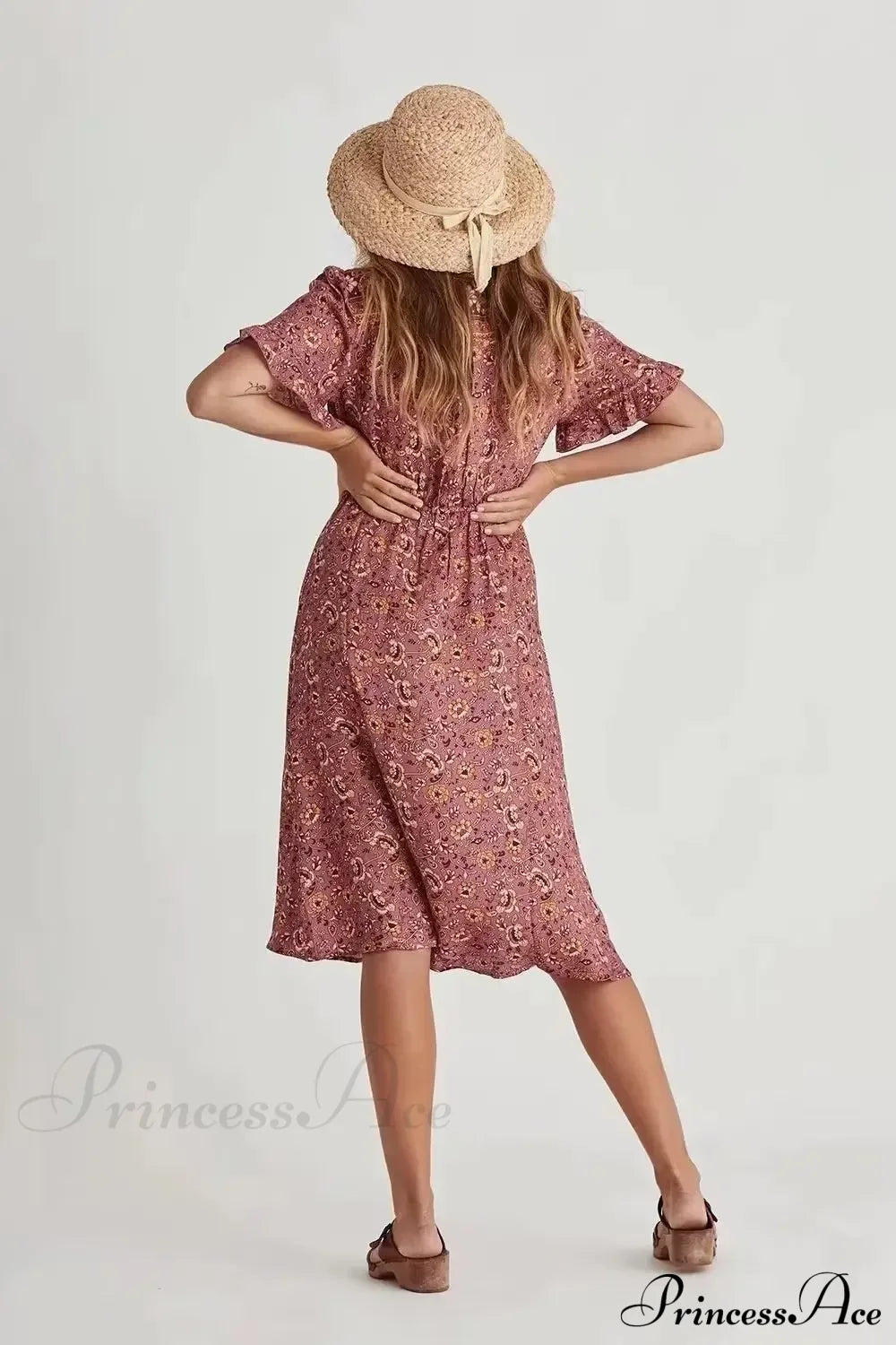 Floral Print Square Collar Short Sleeve Beachwear Boho Midi Dress