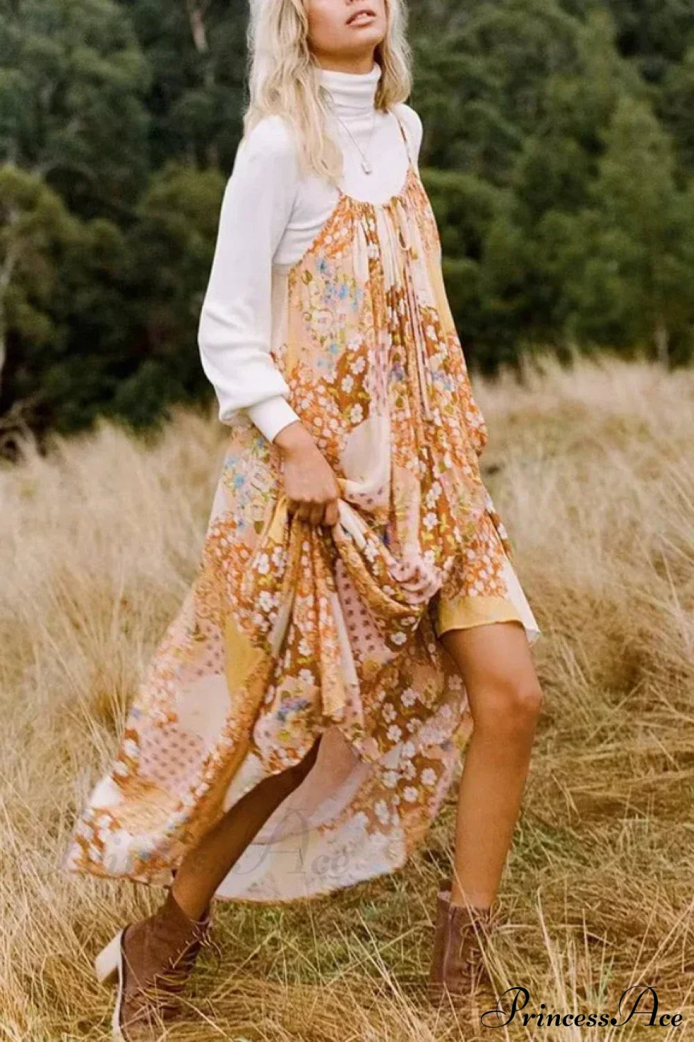 Floral Print Strapless A-line Rayon Beach Summer Maxi Boho Dress Orange / S bohodress-250126