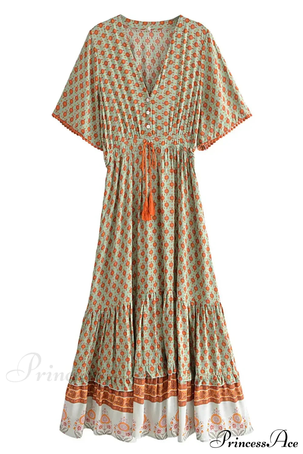 Floral Print Tassel V-neck Rayon Cotton Maxi Boho Dress