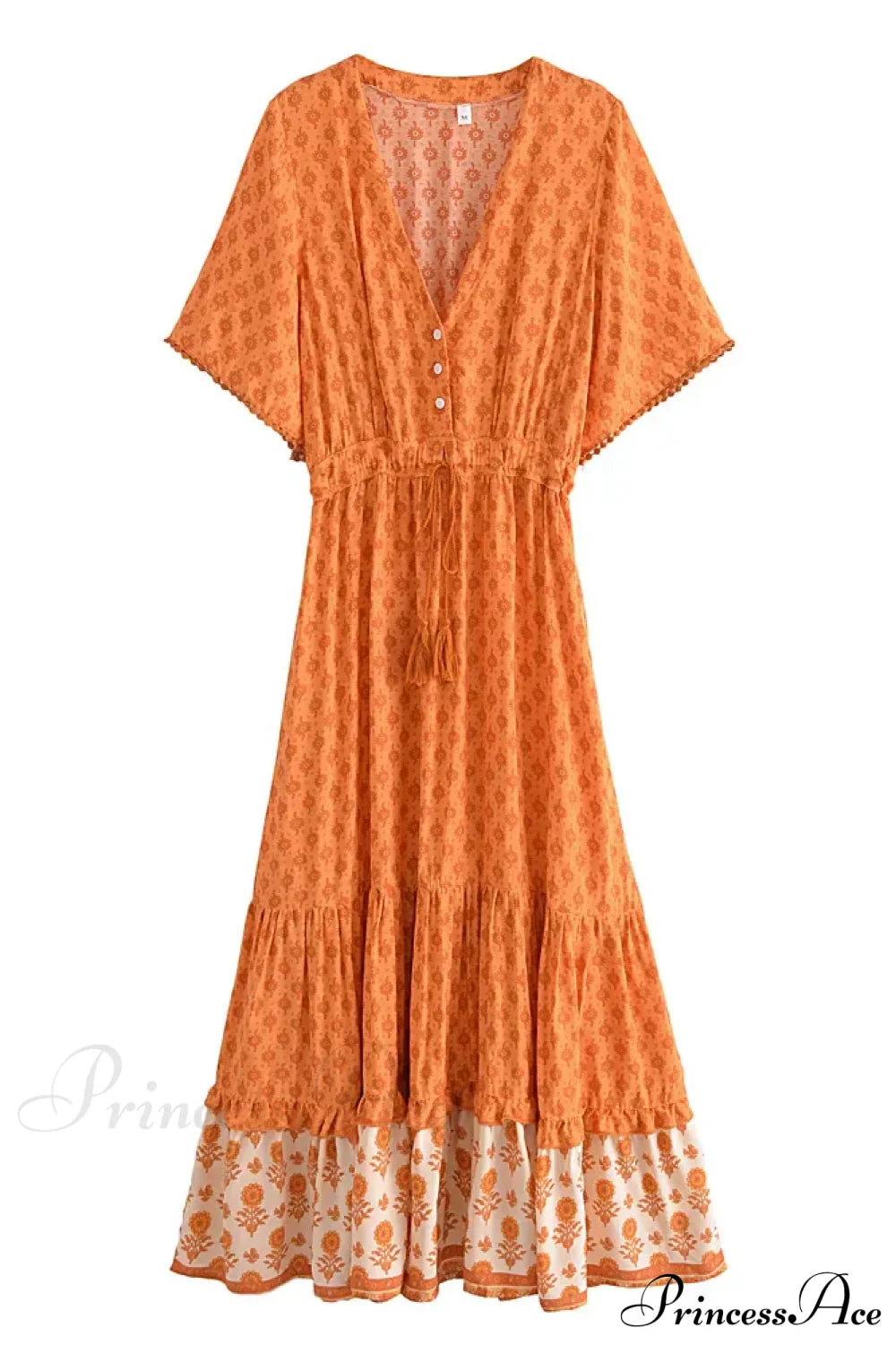 Floral Print Tassel V-neck Rayon Cotton Maxi Boho Dress