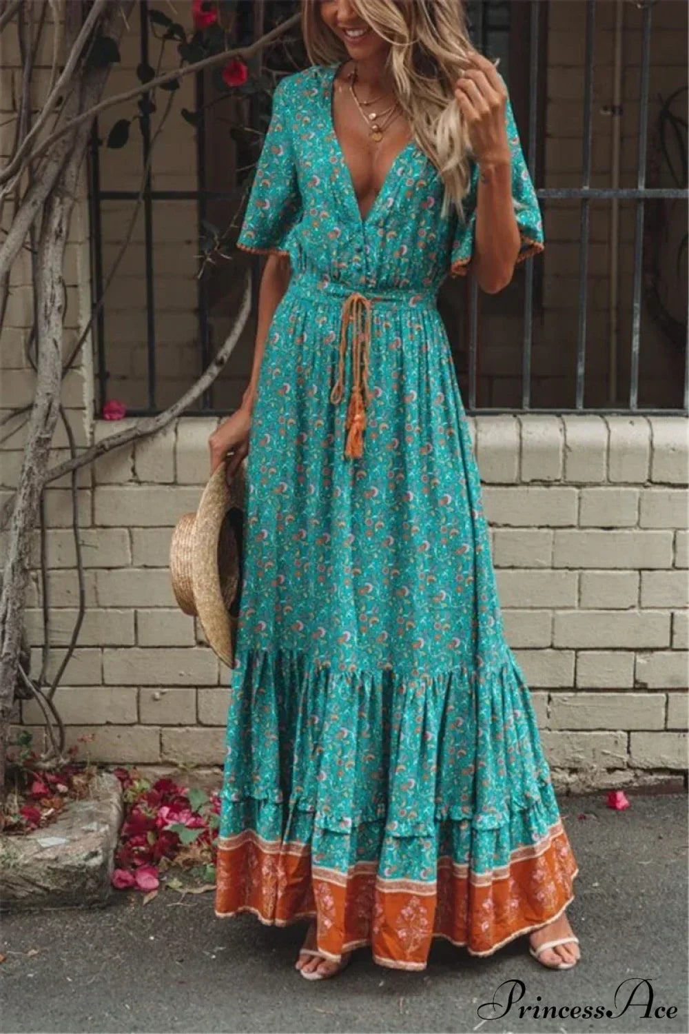 Floral Print Tassel V-neck Rayon Cotton Maxi Boho Dress Green / S bohodress-250126