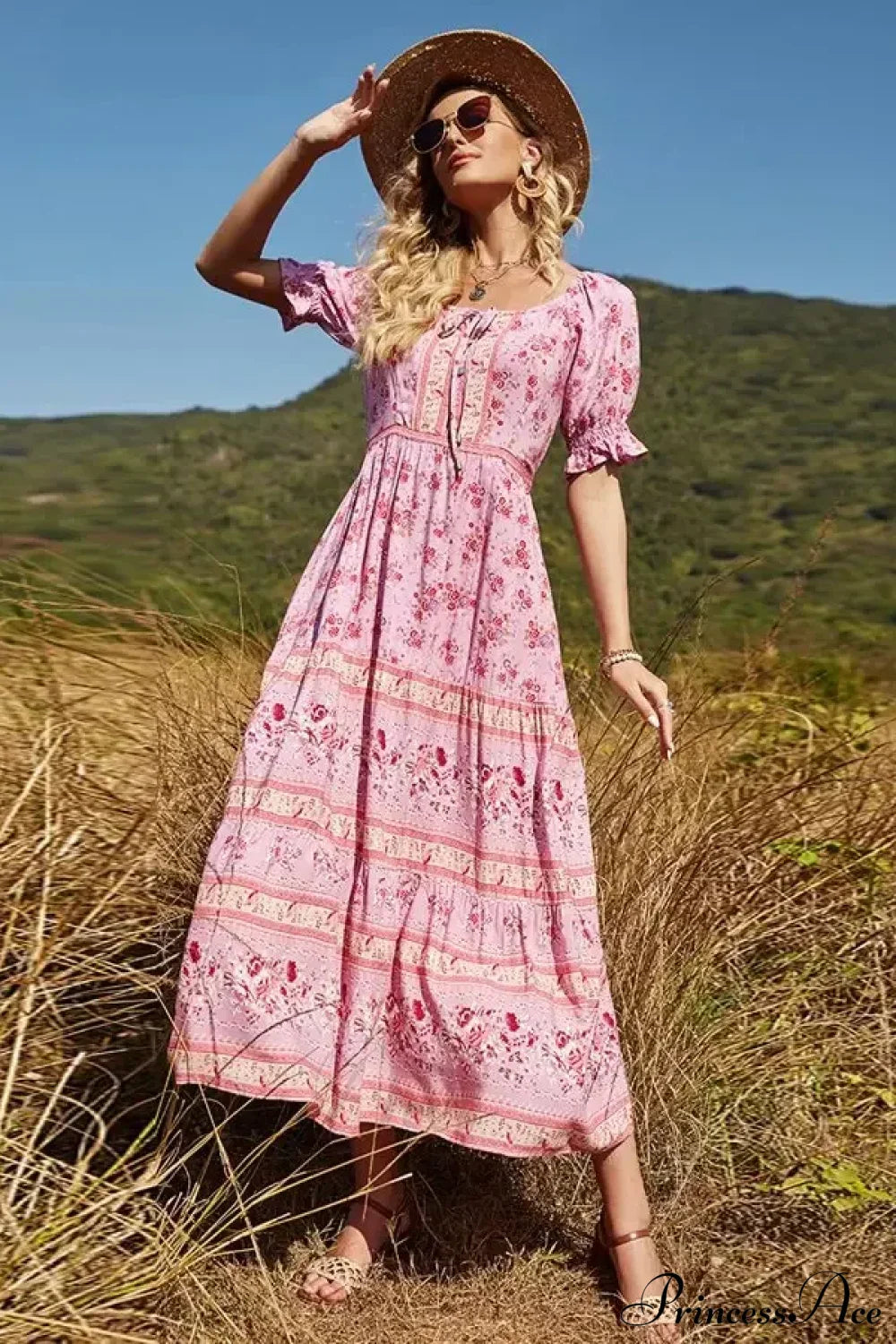 Floral Print V-neck Button Pleated Rayon Boho Dress PINK1 / S bohodress-250126