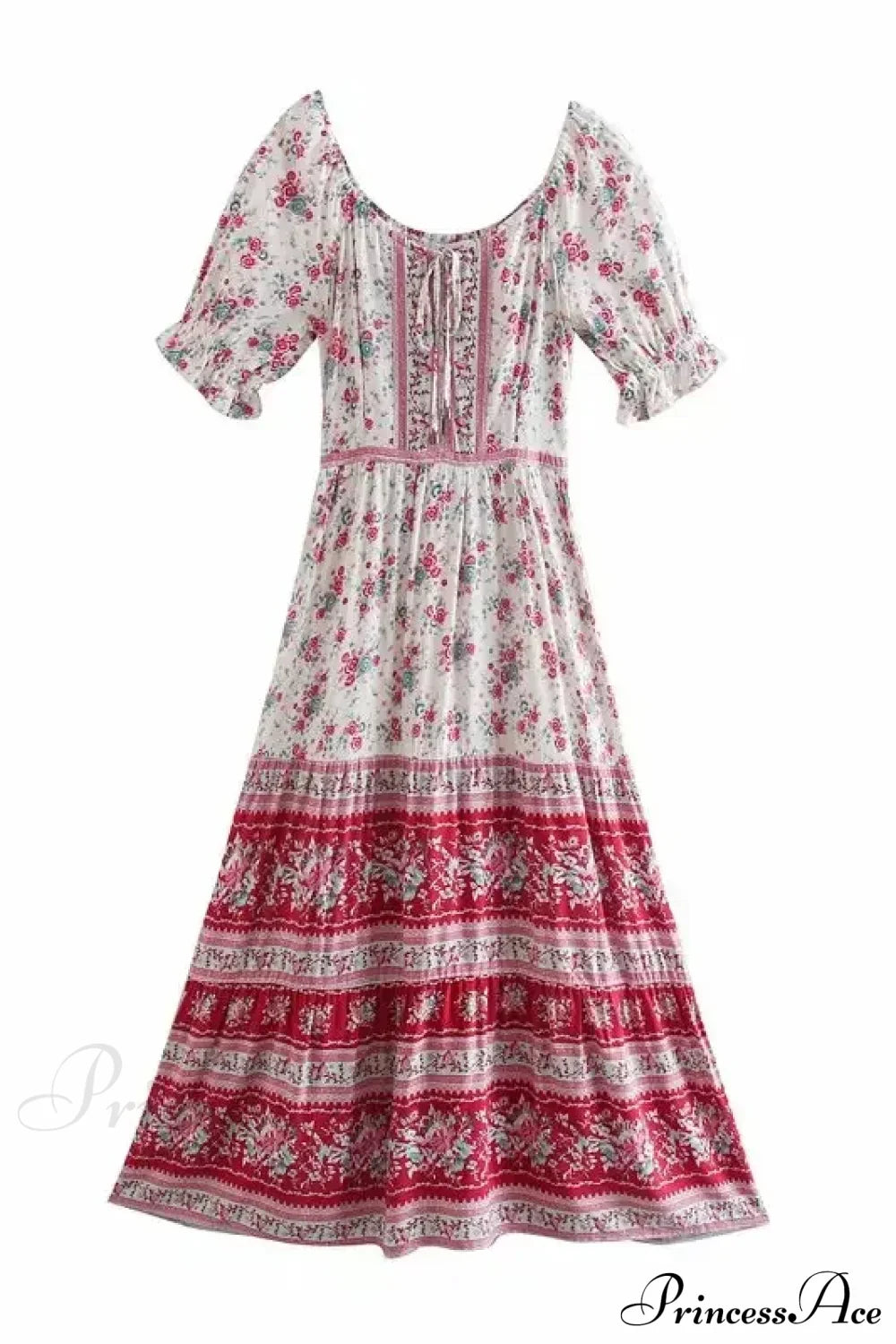 Floral Print V-neck Button Pleated Rayon Boho Dress PINK2 / S bohodress-250126