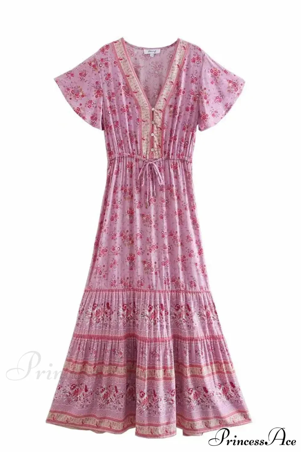 Floral Print V-neck Button Pleated Rayon Boho Dress PINK2 / S bohodress-250126