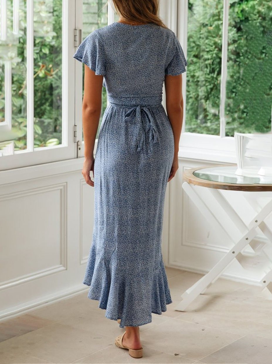 Floral Print V-Neck Flutter Sleeve Wrap High Low Midi Dress - View 6