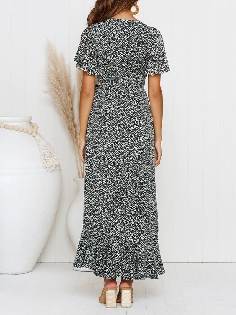 Floral Print V-Neck Flutter Sleeve Wrap High Low Midi Dress - View 4