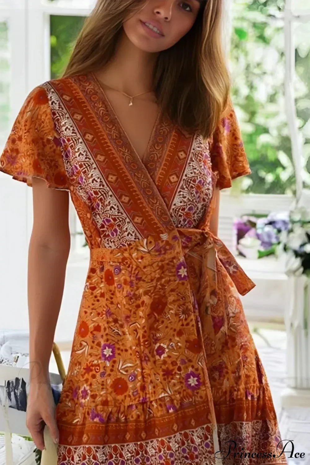 Floral Print V-neck Wrap Short Sleeve Mini Boho Dress Orange / S bohodress-250126