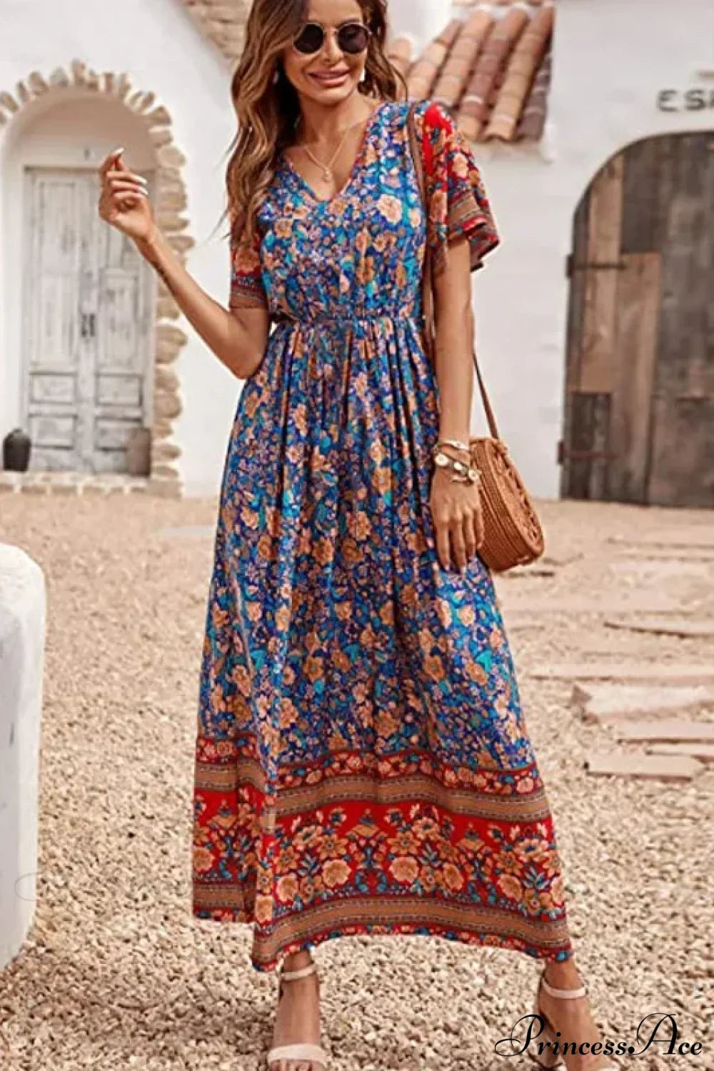 Floral Short Sleeve Beach Boho Dress deep blue / S bohodress-250126