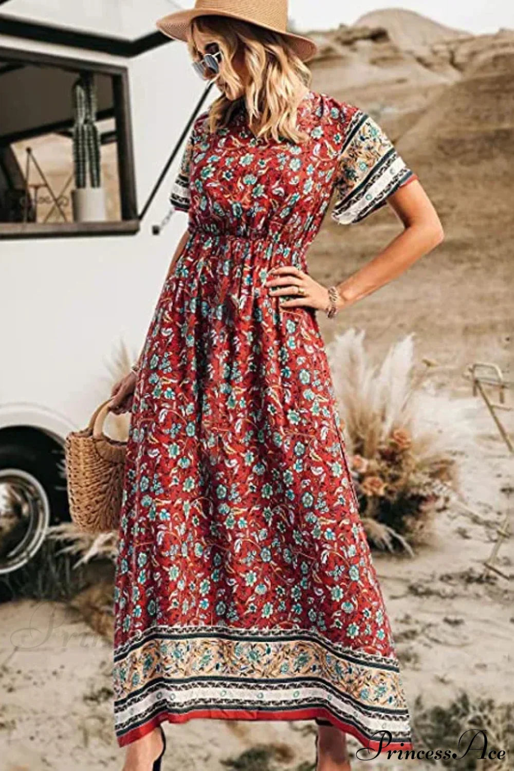Floral Short Sleeve Beach Boho Dress Red / S bohodress-250126