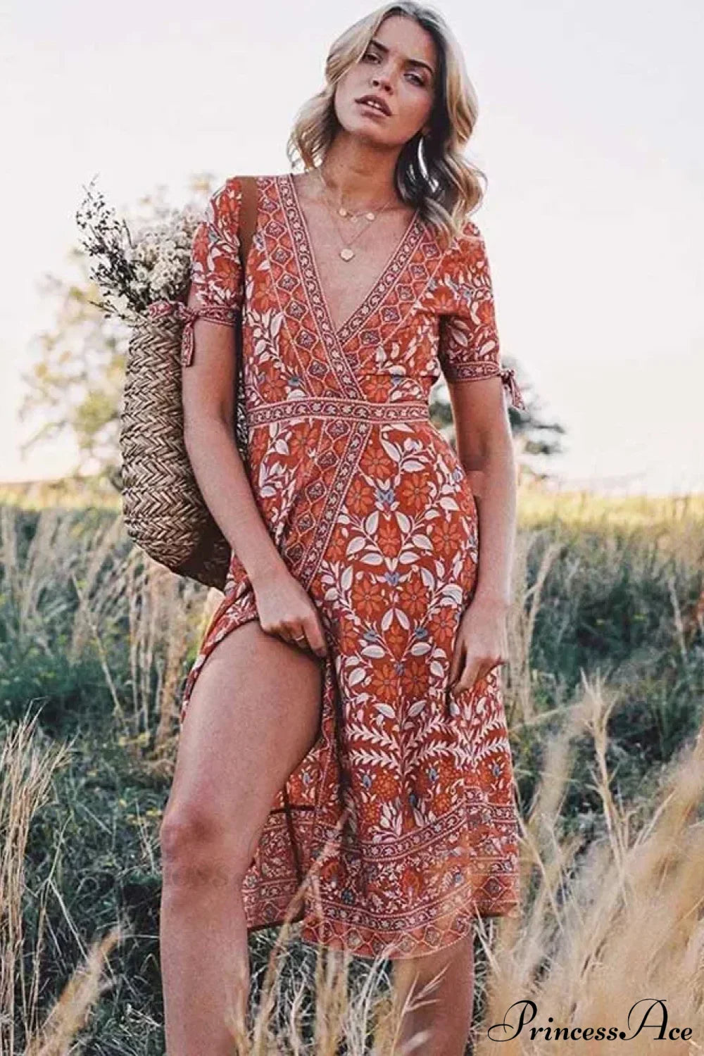 Floral Short Sleeve Sashes Boho Dress