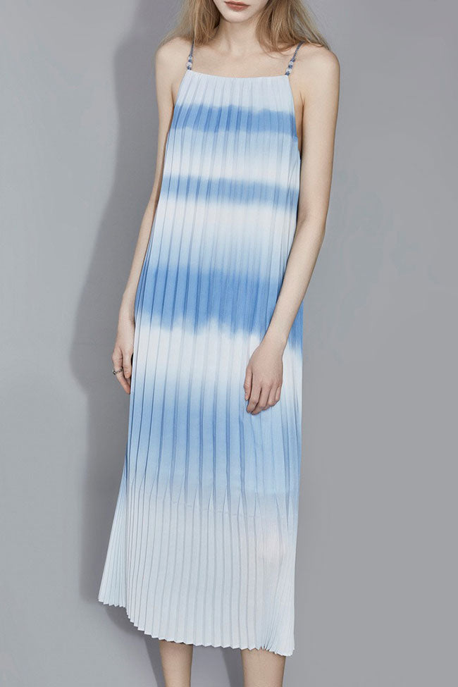 Flowing Gradient Striped A Line Sleeveless Pleated Slip Midi Dress - Sky Blue  Fashionpara