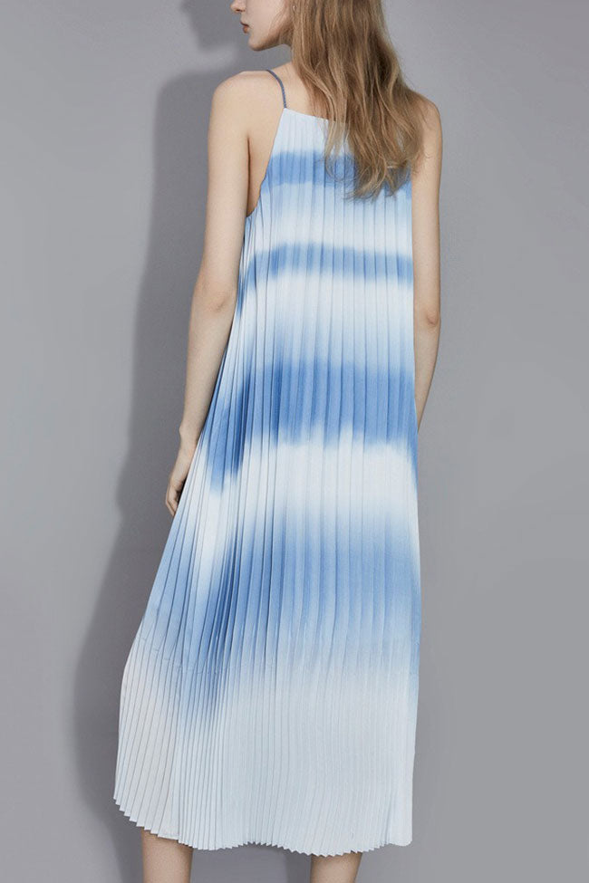 Flowing Gradient Striped A Line Sleeveless Pleated Slip Midi Dress - Sky Blue  Fashionpara