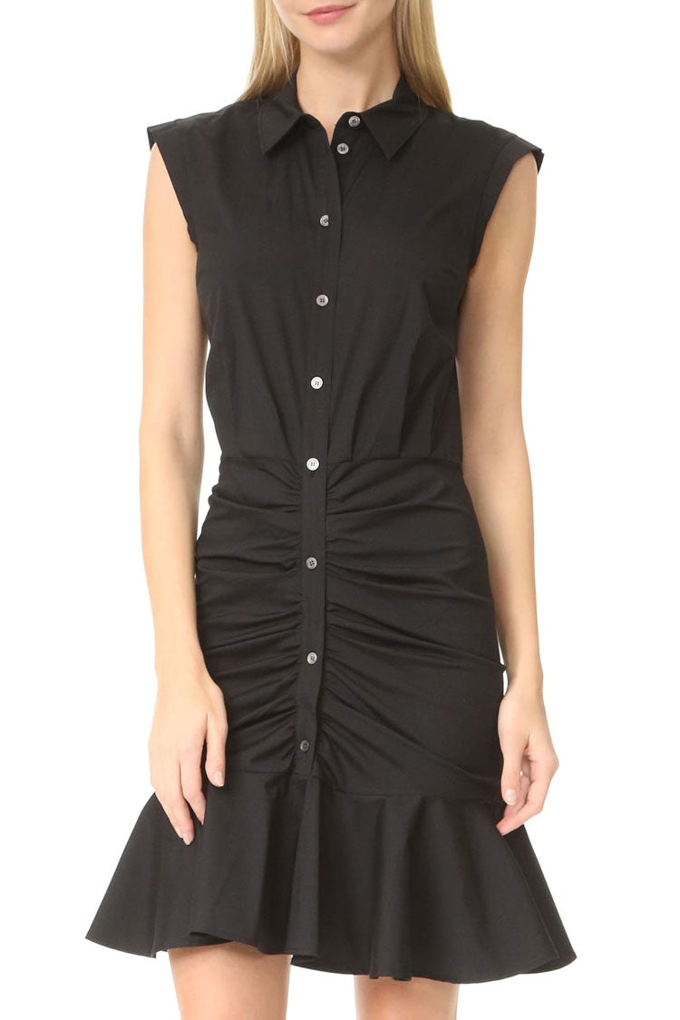 Flowy Fishtail Button Up Sleeveless Ruched Shirt Mini Dress - Black - Fashionpara