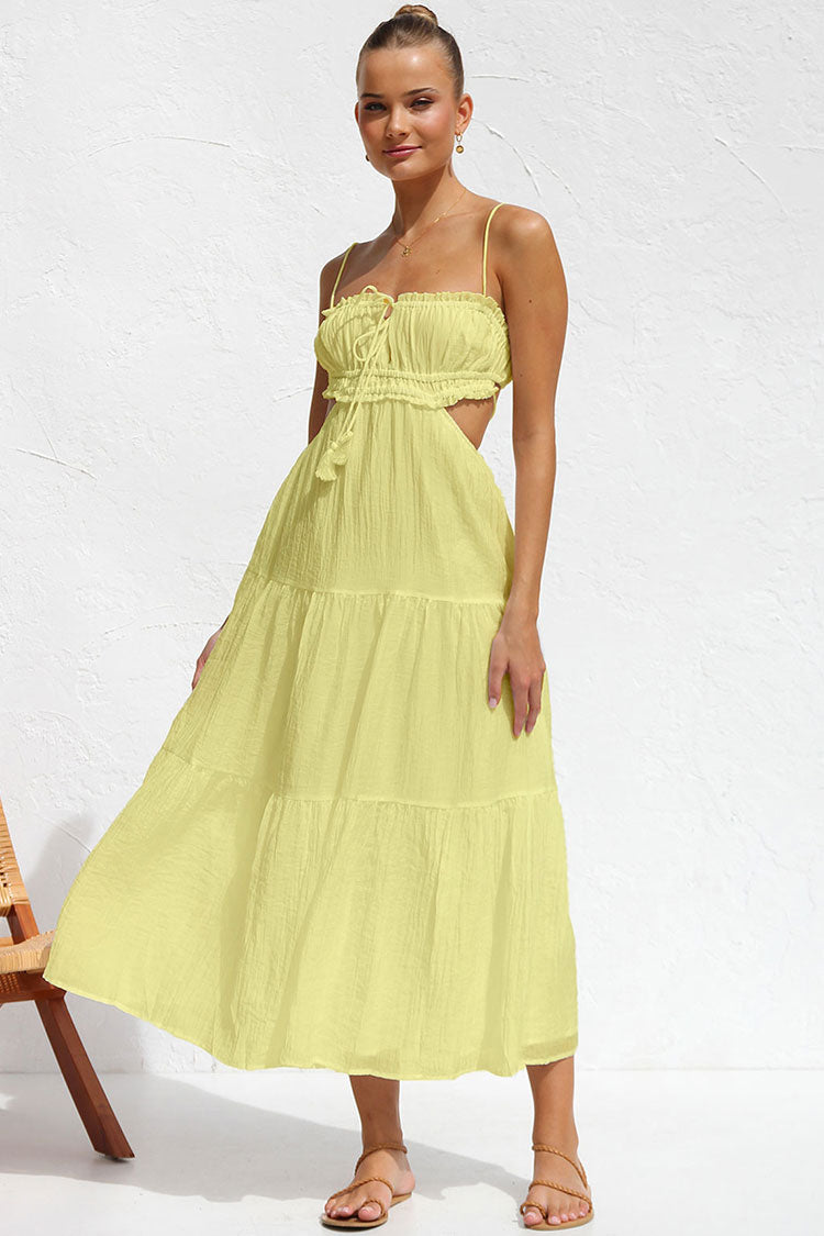 Flowy Frilled Tie Neck Cutout Ruched Flared Summer Midi Sundress - Yellow  Fashionpara