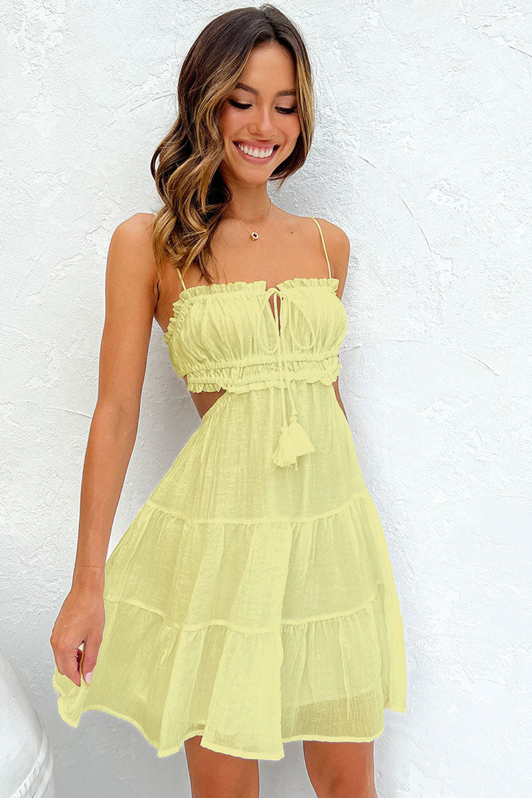 Flowy Frilled Tie Neck Cutout Ruched Flared Summer Mini Sundress - Yellow  Fashionpara