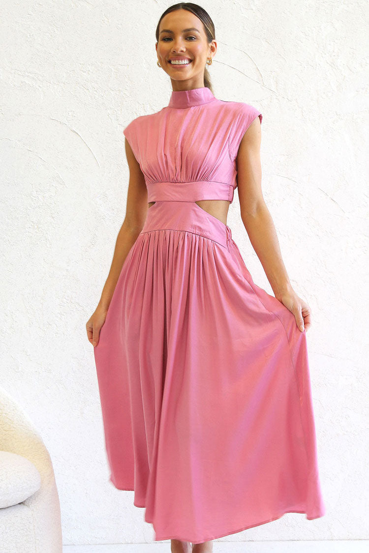 Flowy High Neck Ruched Trim Cutout Waist Summer Midi Sundress - Pink  Fashionpara