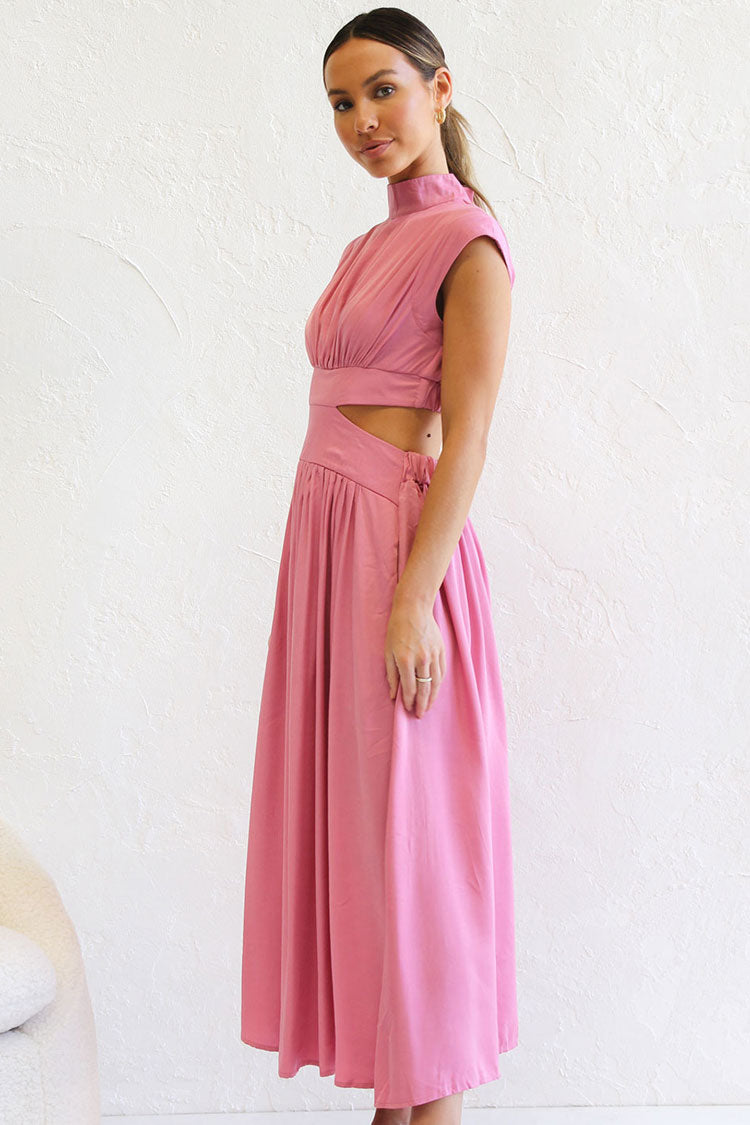 Flowy High Neck Ruched Trim Cutout Waist Summer Midi Sundress - Pink  Fashionpara