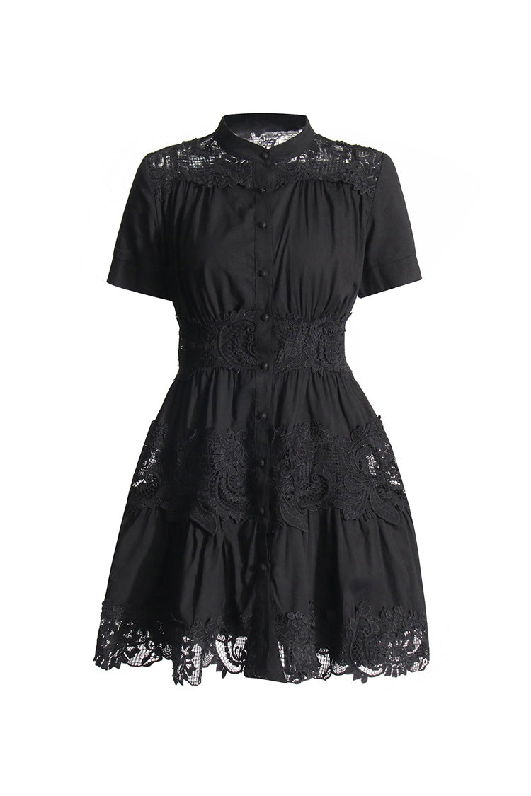 Flowy Mock Neck Short Sleeve Floral Guipure Lace Button Up Shirt Mini Dress - Fashionpara