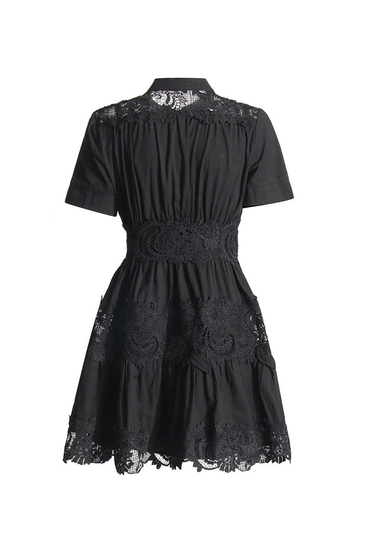 Flowy Mock Neck Short Sleeve Floral Guipure Lace Button Up Shirt Mini Dress - Fashionpara