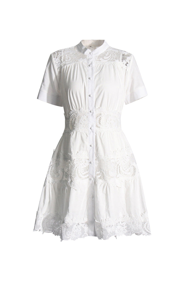 Flowy Mock Neck Short Sleeve Floral Guipure Lace Button Up Shirt Mini Dress - Fashionpara
