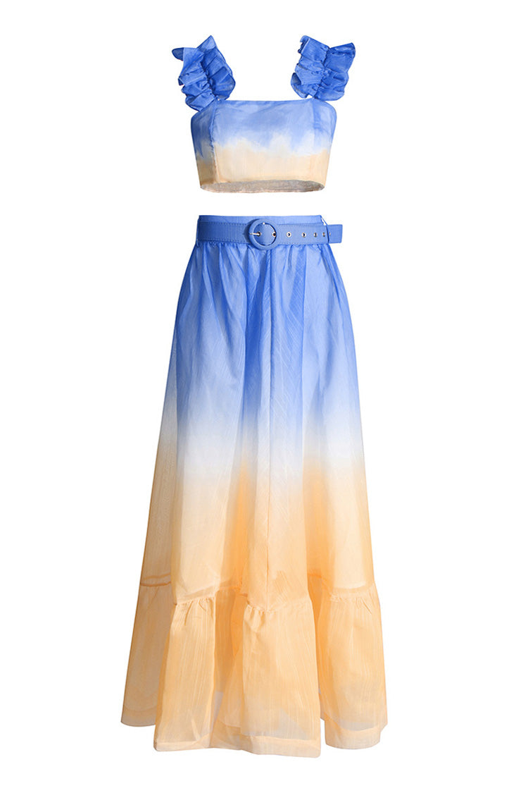 Flowy Ombré Ruffle Smock Crop Top Belted High Rise Two Piece Maxi Dress - Fashionpara