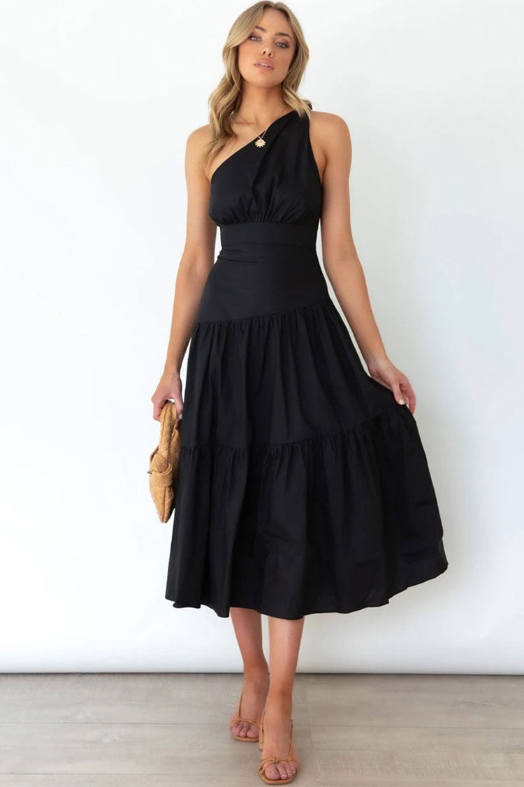 Flowy One Shoulder Tiered Beach Vacation Midi Dress - Black - Fashionpara