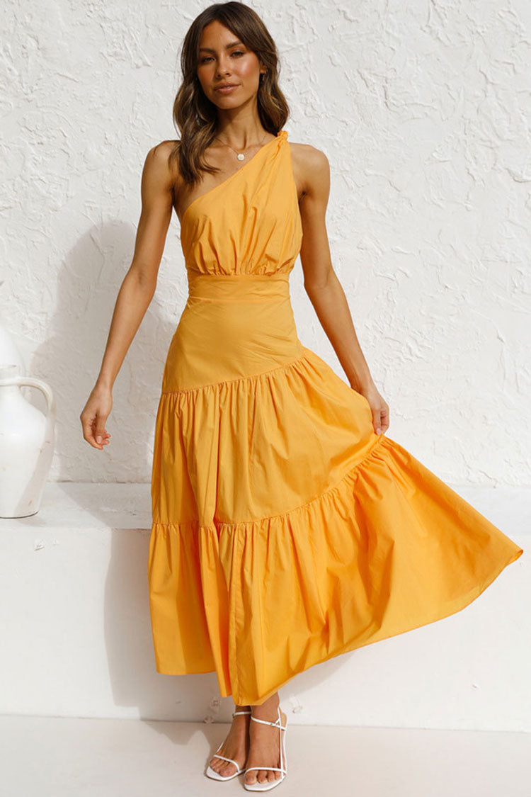 Flowy One Shoulder Tiered Beach Vacation Midi Dress - Yellow - Fashionpara