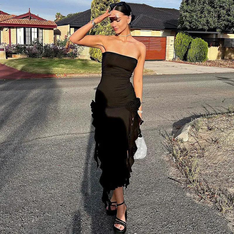 Flowy Ruffle Flower Trim High Split Strapless Party Midi Dress - Black  Fashionpara
