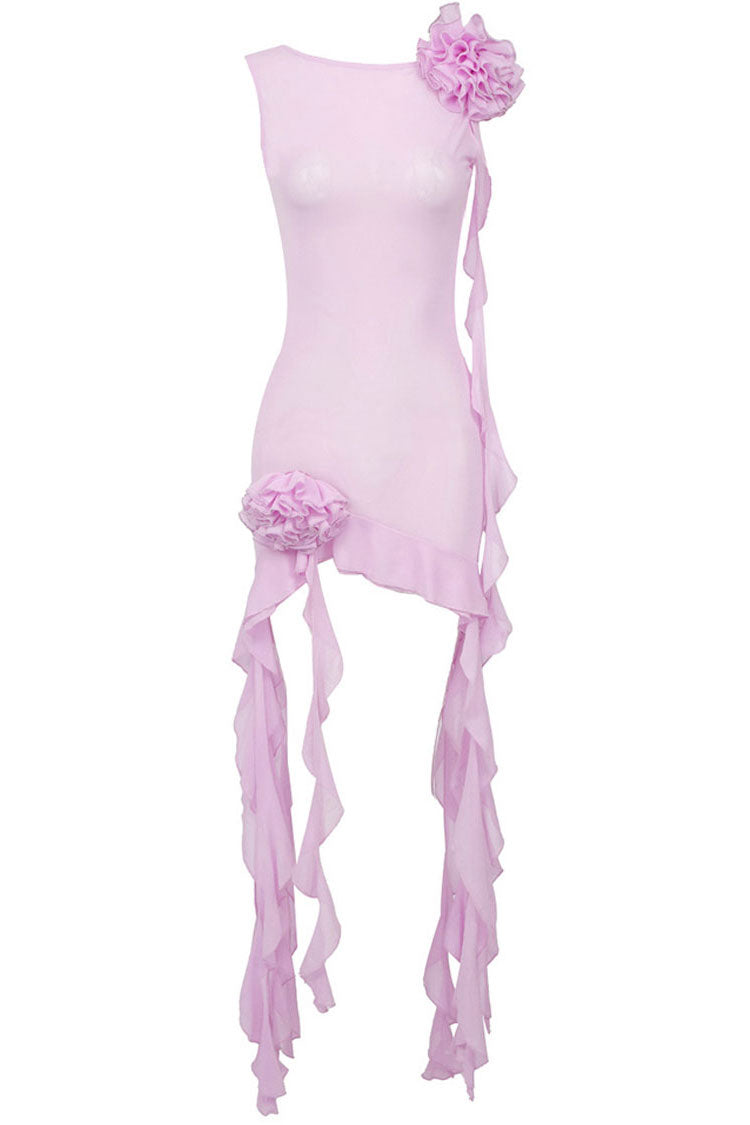 Flowy Ruffle Strap Rosette Corsage Backless Sheer Mesh Mini Dress - Pink - Fashionpara